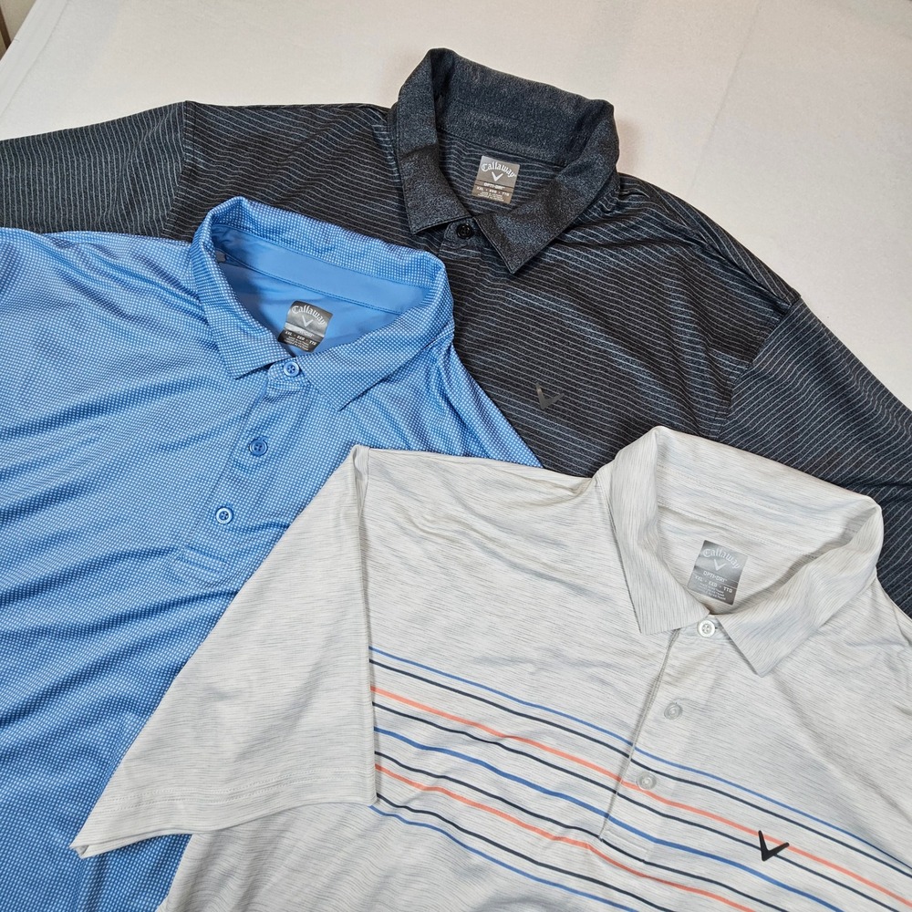 Lot of 3 Callaway Opti-Dri Golf Polo Shirts Mens XXL Blue Grey Striped Bundle‎